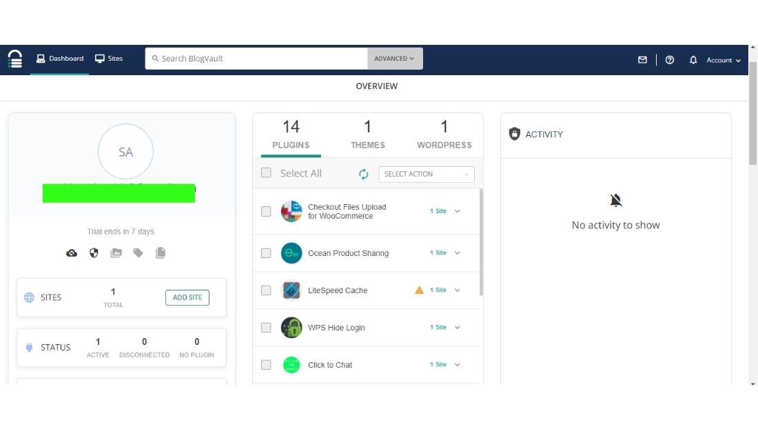 5 meilleurs plugins de sauvegarde WordPress Capture d'écran du plugin BlogVault - Tableau de bord
