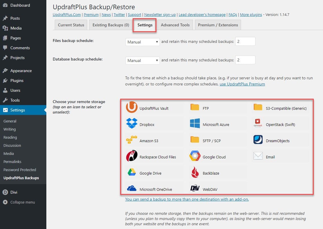 5 meilleurs plugins de sauvegarde WordPress Capture d'écran du plugin UpdraftPlus - Backup