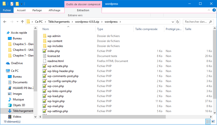 Comment Installer manuellement WordPress sur un Hébergement? Le contenu du dossier wordpress extrait sur l'ordinateur (fichiers comme index.php, wp-admin, wp-includes, etc.)