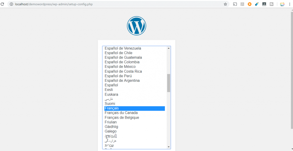Comment Installer manuellement WordPress sur un Hébergement? La première page de l'installation de WordPress demandant de choisir la langue